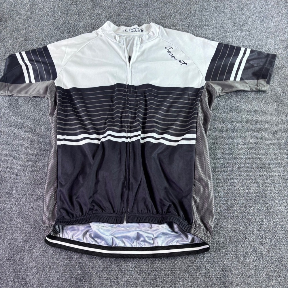Coconut Cycling Jersey Mens Size L White Black Striped Full Zip Short Sleeve